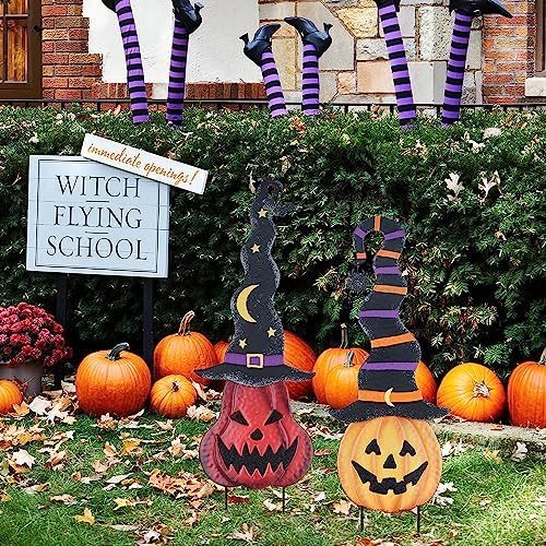 YEAHOME Halloween Decorations Outdoor, 2 Pack Metal Pumpkin Garden Stakes with Witch Hats for Halloween Decor, Jack o' Lantern Pumpkin Yard Signs for Outside Garden Lawn Patio Party Decorations