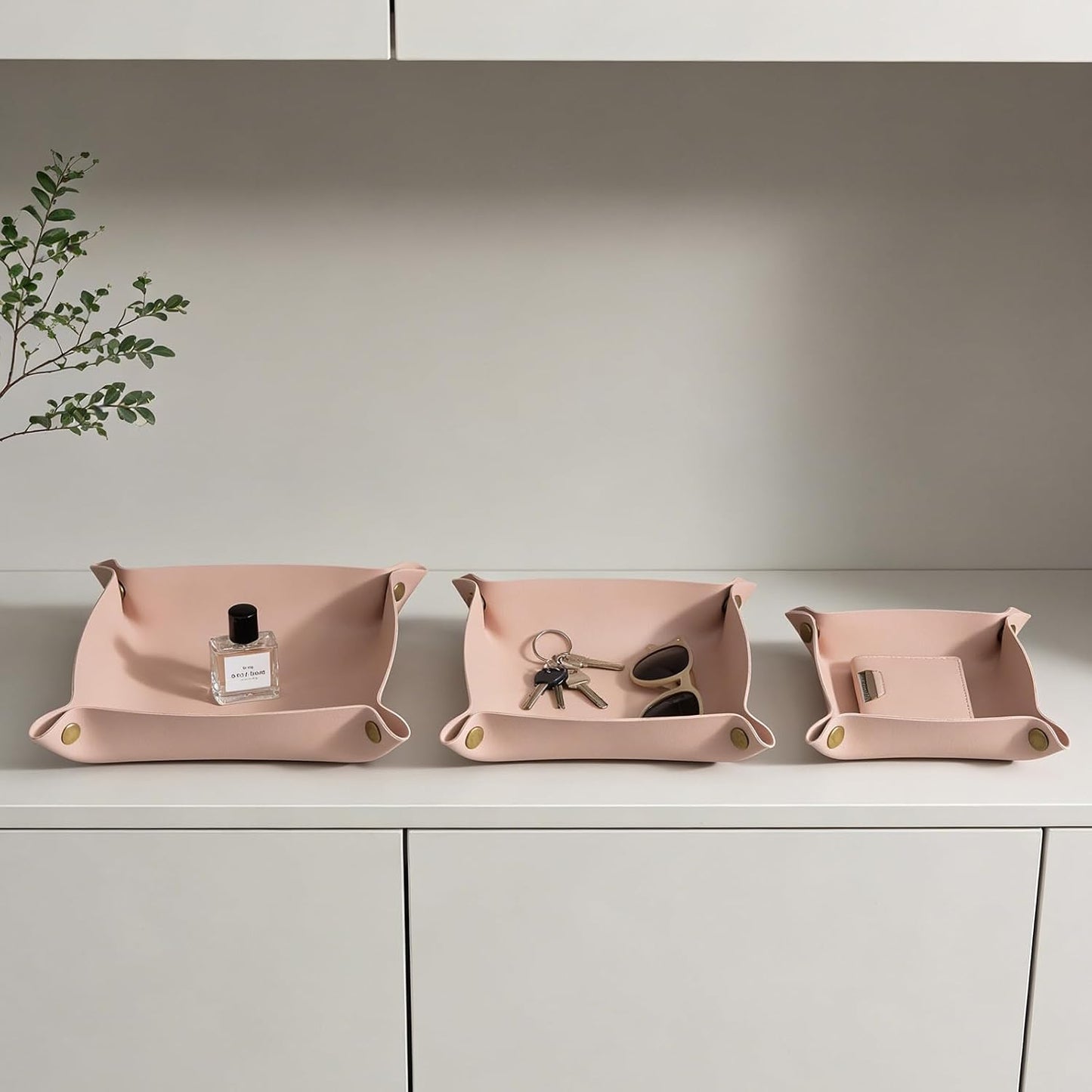 3 packs PU Leather Tray in 3 Sizes Jewelry Tray Glossy Leather Desk Organizer Leather / Morandi Pink