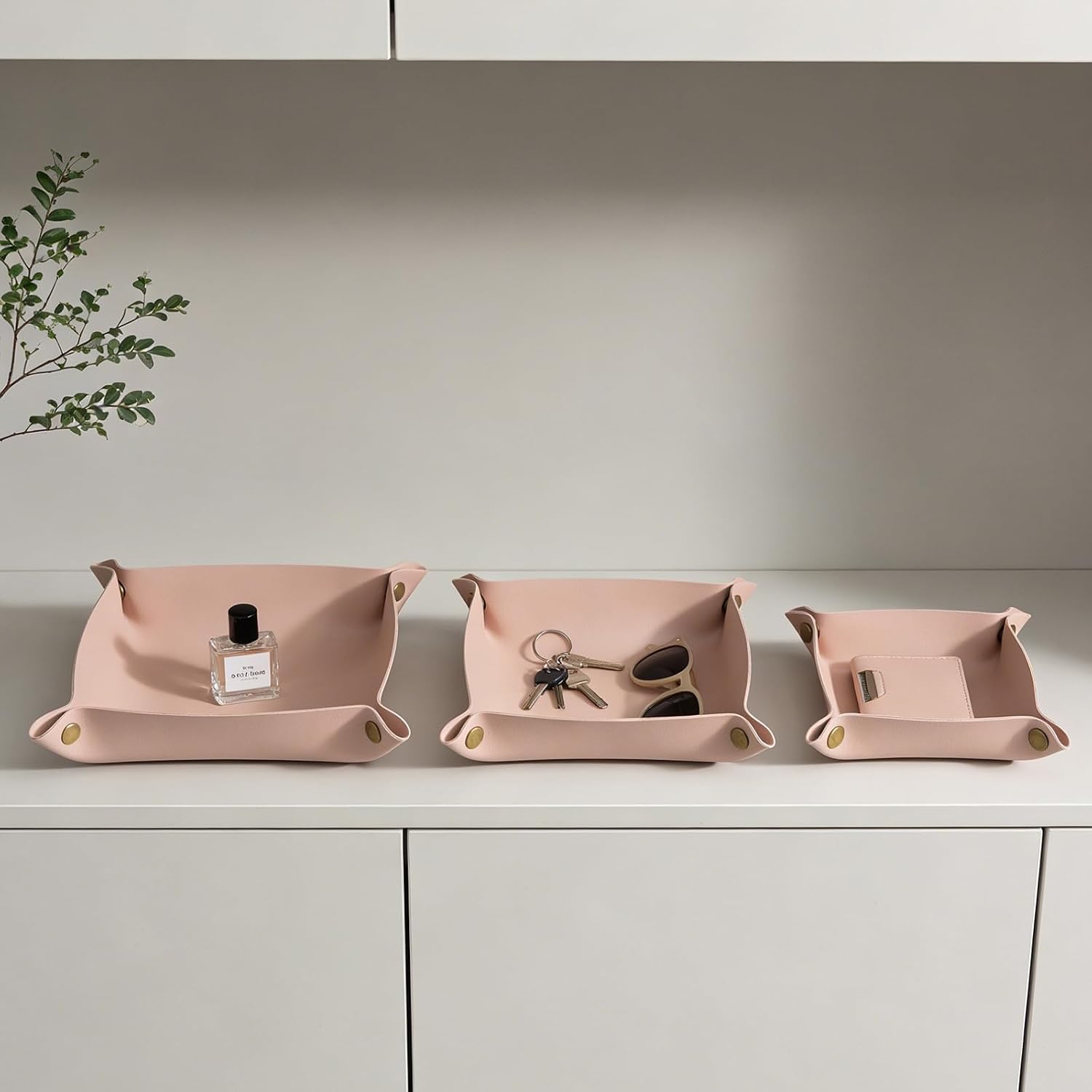 3 packs PU Leather Tray in 3 Sizes Jewelry Tray Glossy Leather Desk Organizer Leather / Morandi Pink
