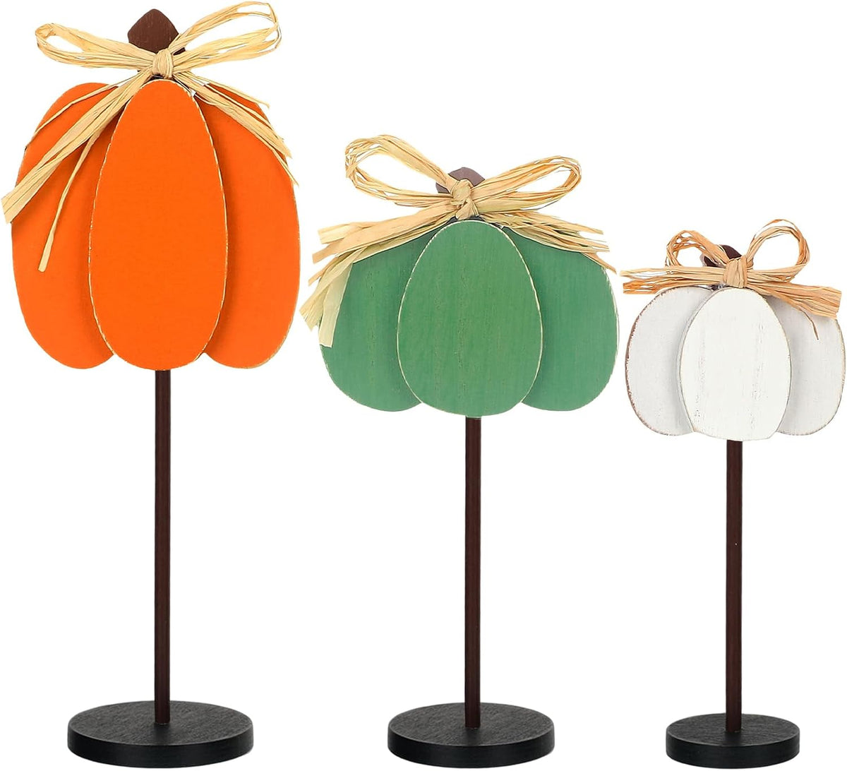 Thyle 3 Pcs Fall Pumpkin Decor, Wooden, Orange, Green, White