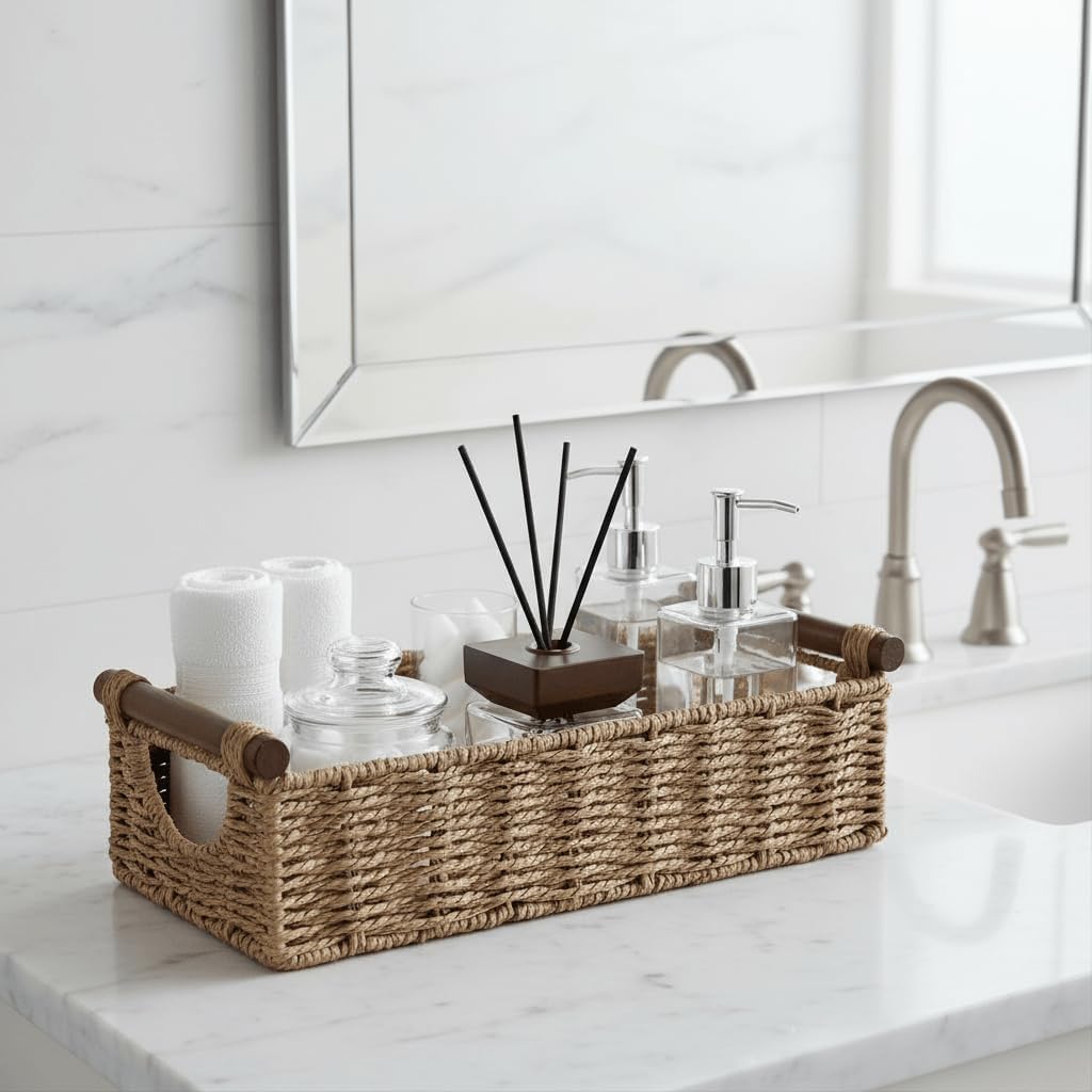 Small Wicker Toilet Basket Tray Organizer W/Cut Out Handle / Neutral / S - 12.99"l x 6.29"w x 3.1"h