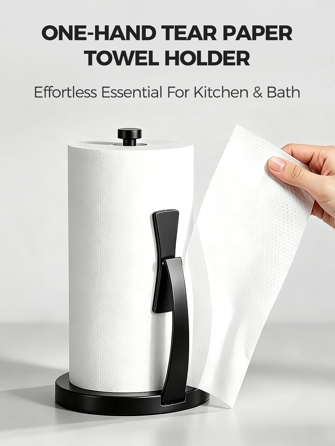 VEHHE Black Paper Towel Holder Countertop, Spring Activated Arm, Damping | One-Hand Tear Design | Premium Stainless