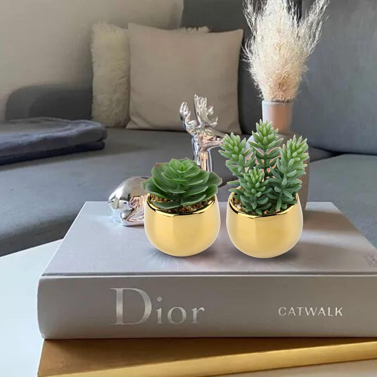 Small Artificial Succulents in Pots Realistic Faux Succulents Plants / Style #09 / Gold / Set of 3