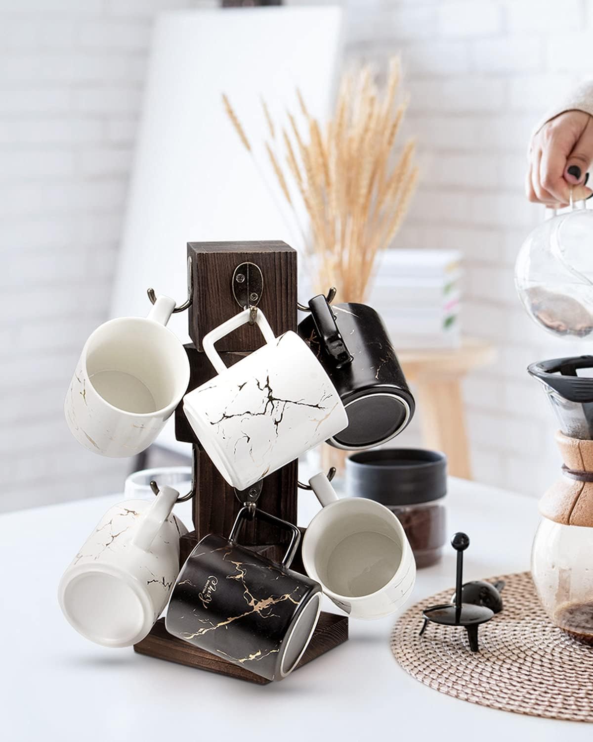 Coffee Mug Holder for Counter, Rustic Solid Wood Mug Tree | Farmhouse Wooden Coffee Cup Rack with 8 Hooks (Rustic Brown)