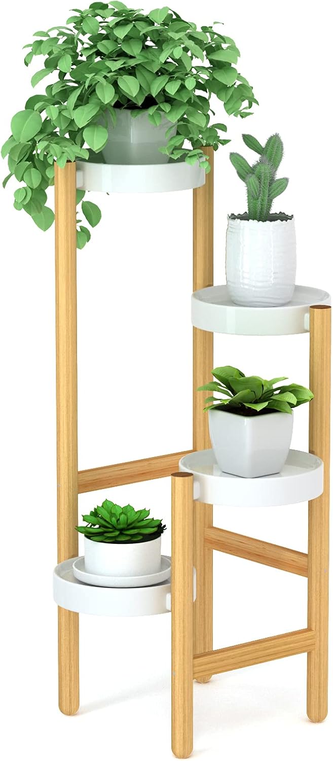 Wisuce Bamboo Plant Stand Indoor, 4 Tier Tall Corner Plant Shelf Table | Easy-Clean Steel Top | Smooth Bamboo | Narrow