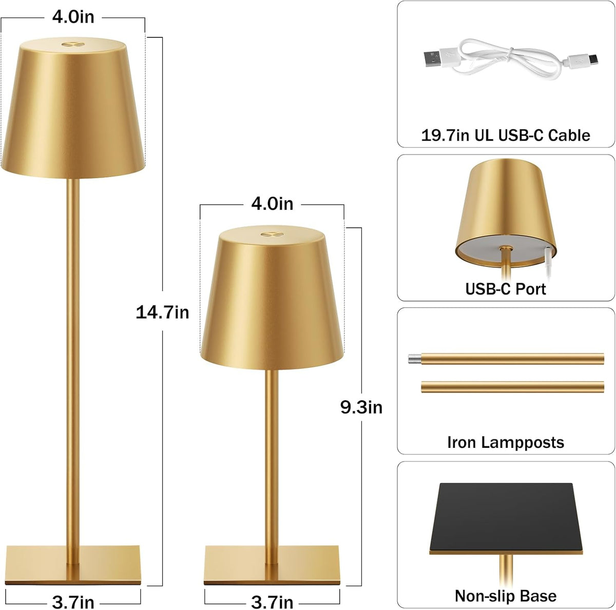 Kakanuo Gold Rechargeable Table Lamp, Cordless Battery Operated Lamp Set | 5000mAh, Touch Control, 3 Color Modes
