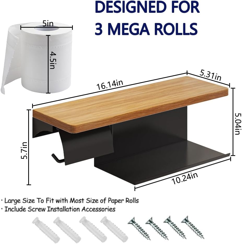 Double Toilet Paper Holder with Solid Wood Shelf, Wall Mounted Matte Black | 16" x 5.31" Toilet Paper Rolls with
