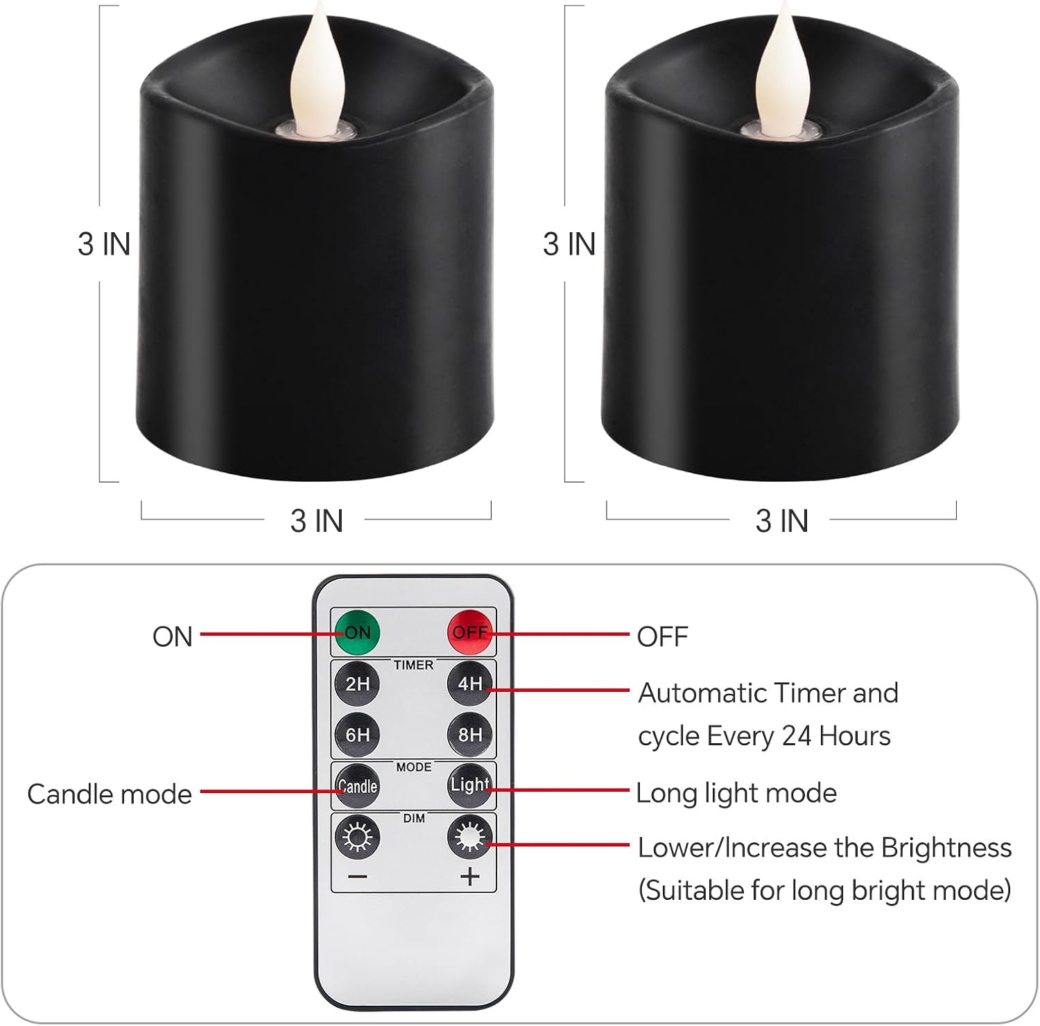3x3 Flickering Flameless Candles Set of 2, Real Wax LED Candles,with Timer, 3 inch Flameless Candles with
