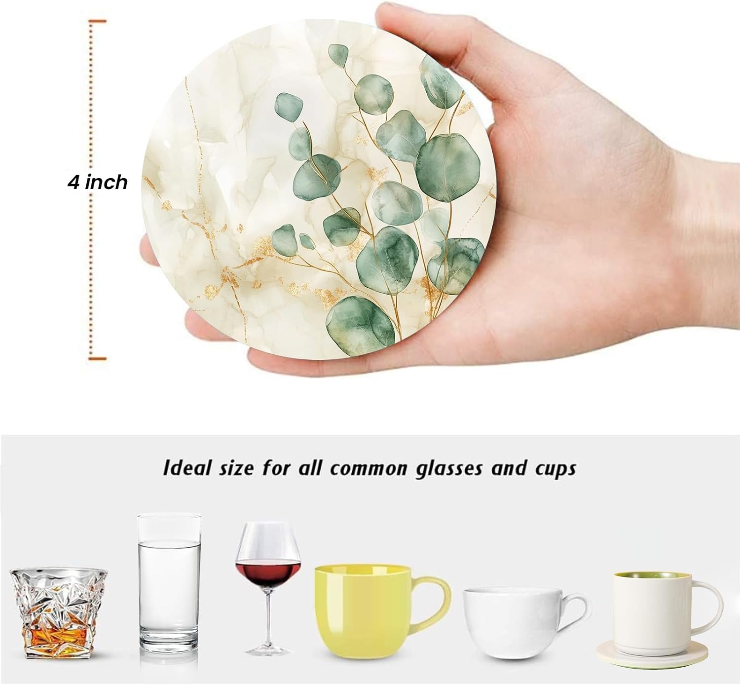 Round Absorbent Ceramic Stone Coaster / Eucalyptus Green Leaves Beige Marble / Set of 6