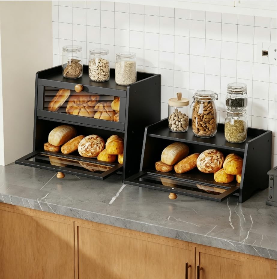 BAMBANG Bread Box for Kitchen Countertop, Extra Large Bamboo Bread Storage Container for Homemade Bread, Double Layer