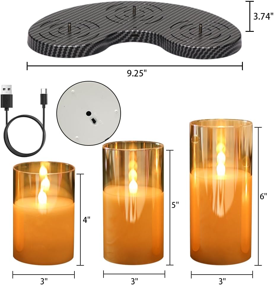 GenSwin Glass Rechargeable Flameless Candles with Remote & Charging Base | Gold, Timer, Battery Operated LED Candles