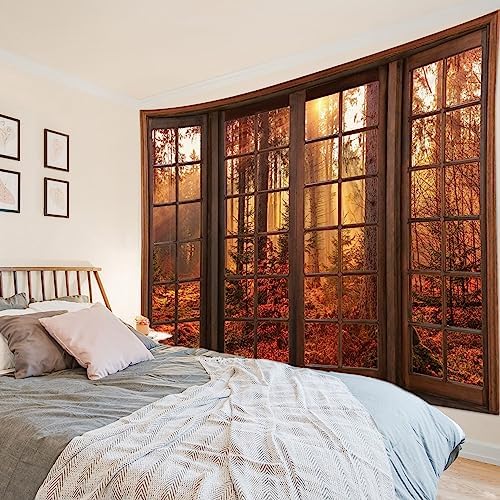 HVEST Fall Tapestry Orange Maple Tree Forest Nature Landscape outside Window Wall Art for Bedroom, Rustic Autumn Tapestry Wall Hanging for Living Room Dorm Holiday Wall Decor, 59W x 51L inches