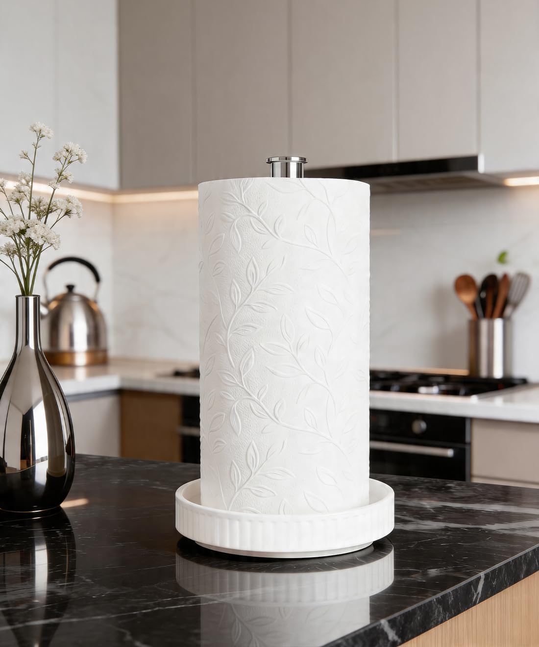 Paper Towel Holder, Ceramic Heavy Plate Base Wobble-Free, Roll Stand-Silver | Effortless Cleaning and Easy to Assemble