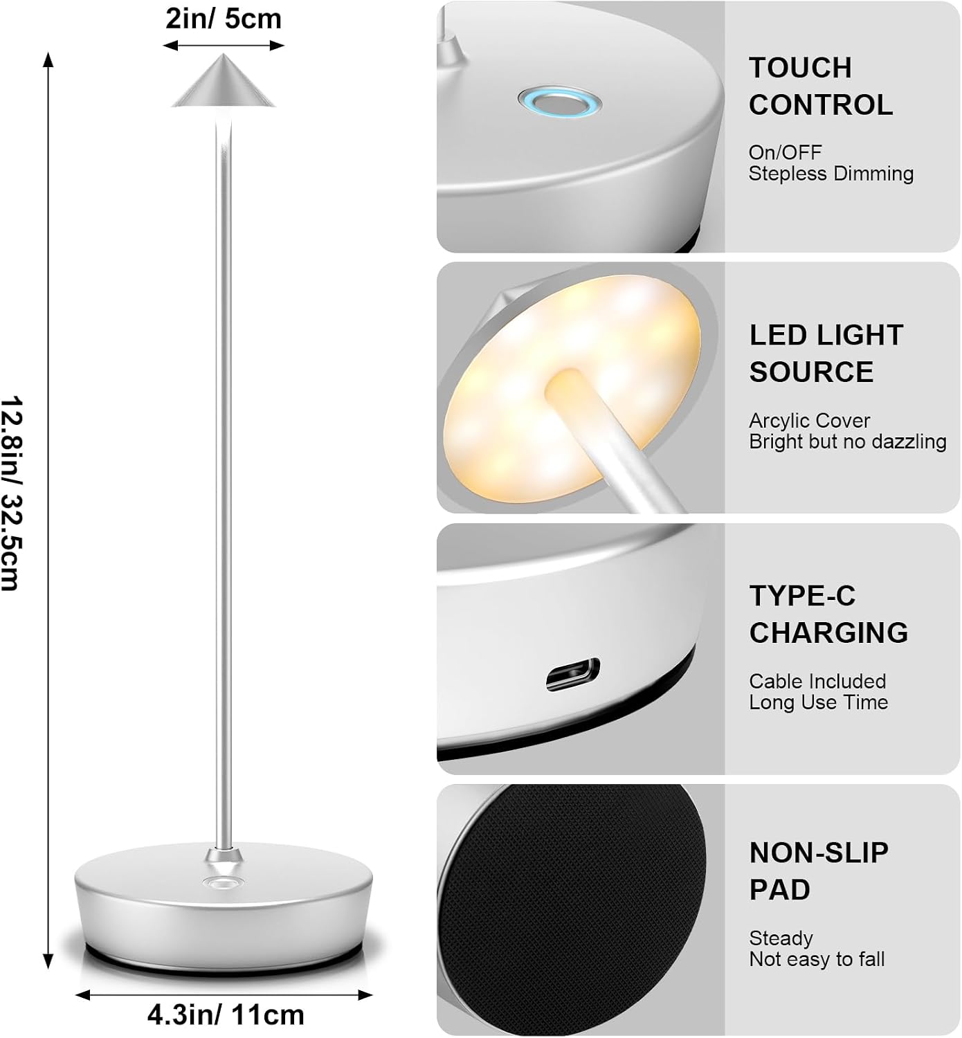 2Pack Rechargeable Cordless Table Lamp, Portable Powered LED Battery 6000mAh Metal USB Desk Lamp, 3 Levels Brightness