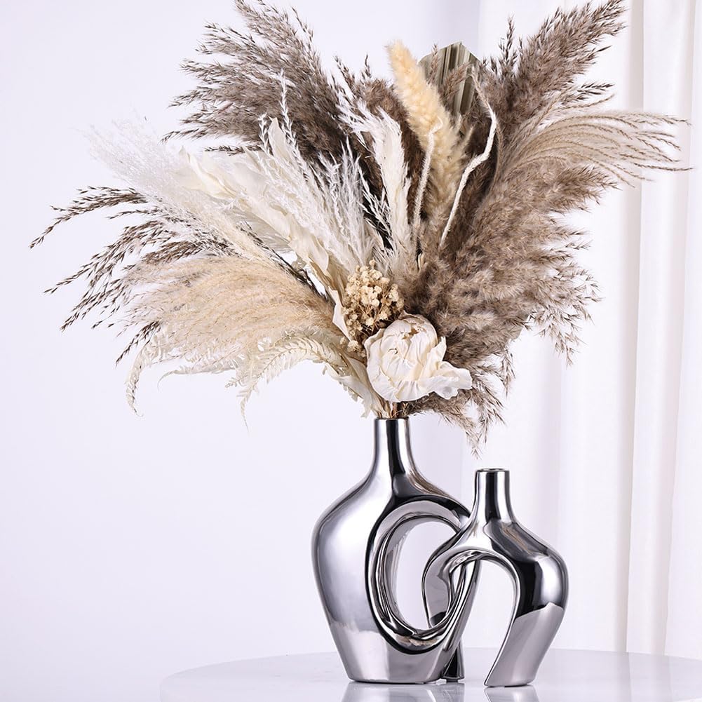 Hollow Ceramic Vases / Silver / Set of 2