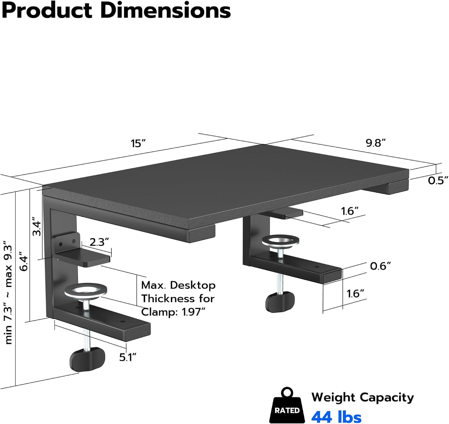 ARES WING Clamp-On Desk Extender Monitor Shelf, 15x9.8 up to 44lbs | Desktop Riser for Office/Gaming，Space