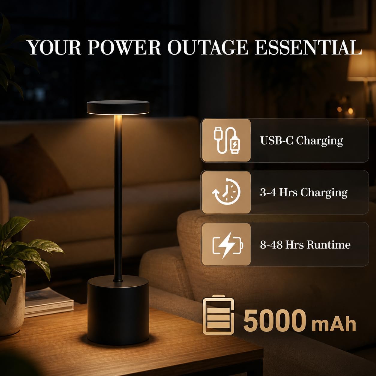 Cordless Table Lamp Set of 2, 5000mAh Rechargeable Lamp with Touch Control & Stepless Dimming, 3 Light Modes, IP54