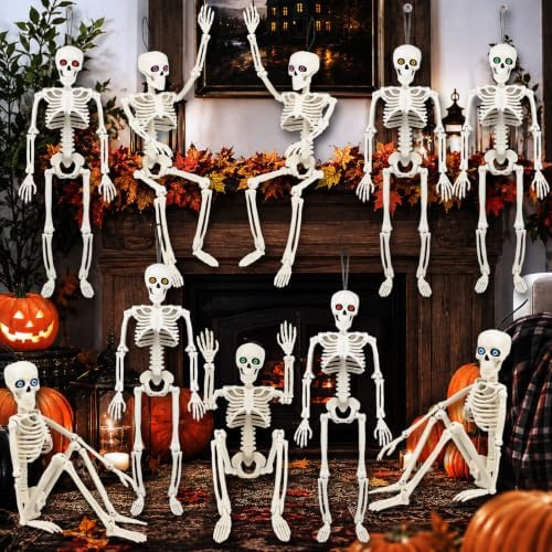 10 Pack Halloween Skeleton Decor 16" with Eyes & Box (White)