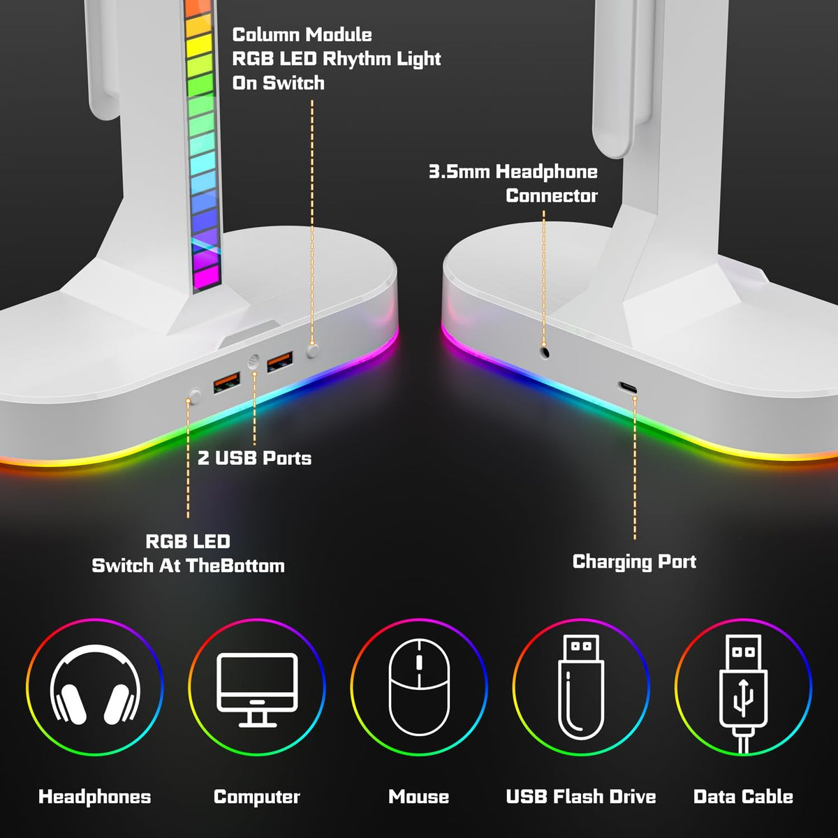 Cool RGB Headphone Stand with Charging Station - Sleek Dual Headset Holder, 3 USB Ports & 3.5mm Audio, 8 Light Modes
