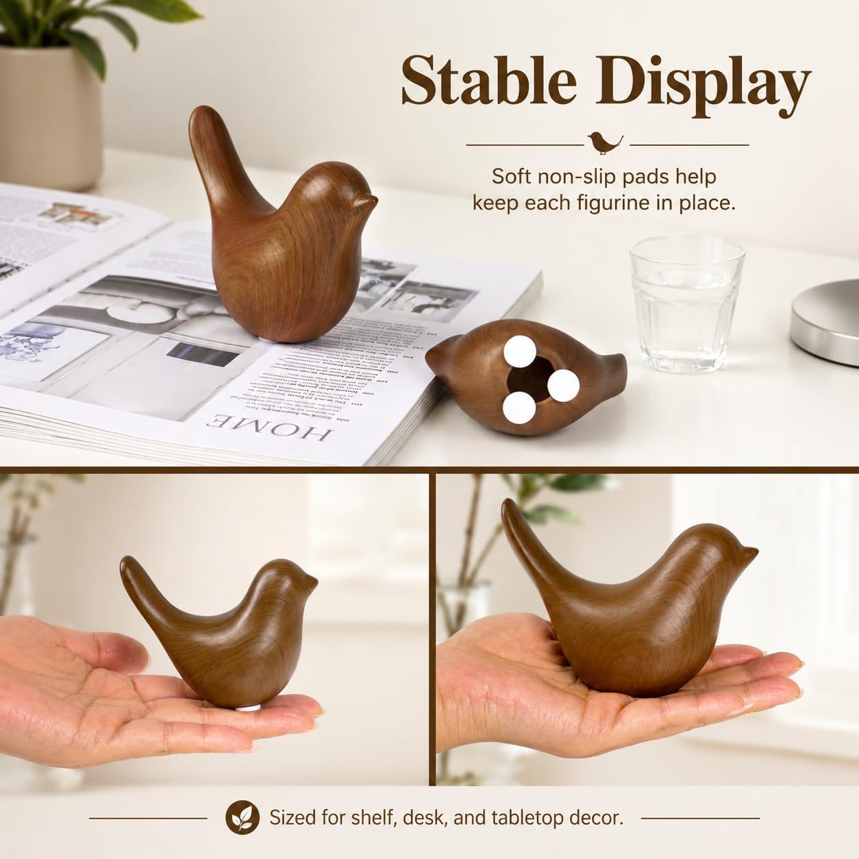 Ceramic Bird Figurines / Dark Wood Grain / Set of 2