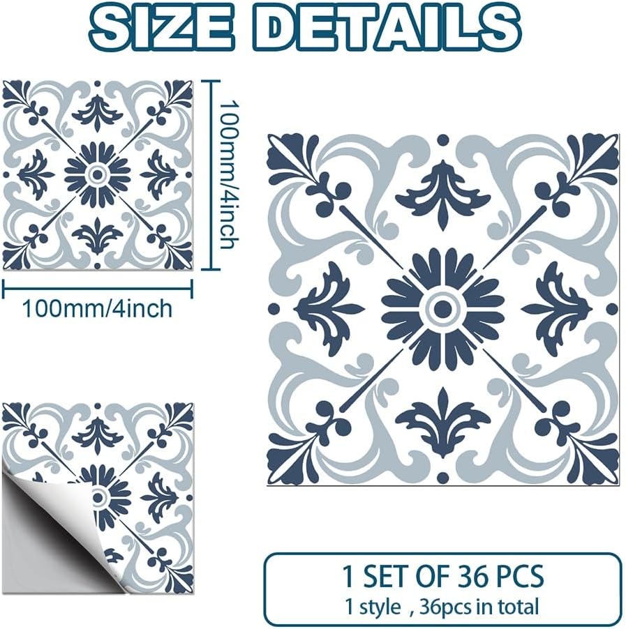 Peel and Stick Wallpaper Self Adhesive Wallpaper Tile Stickers / Retro Mandala / Blue / Set of 36