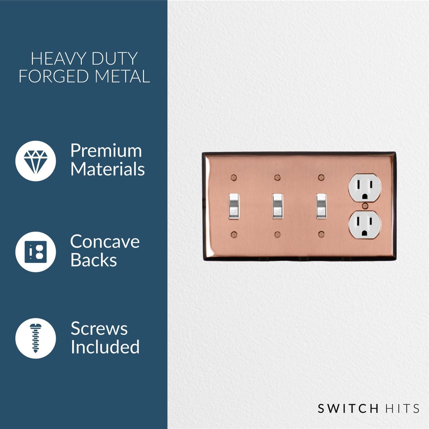 Pink Antique Copper Outlet Wall Plate | 3 Toggle - 1 Duplex | 8.25" x 4.5" | Hand-Polished Brass Construction