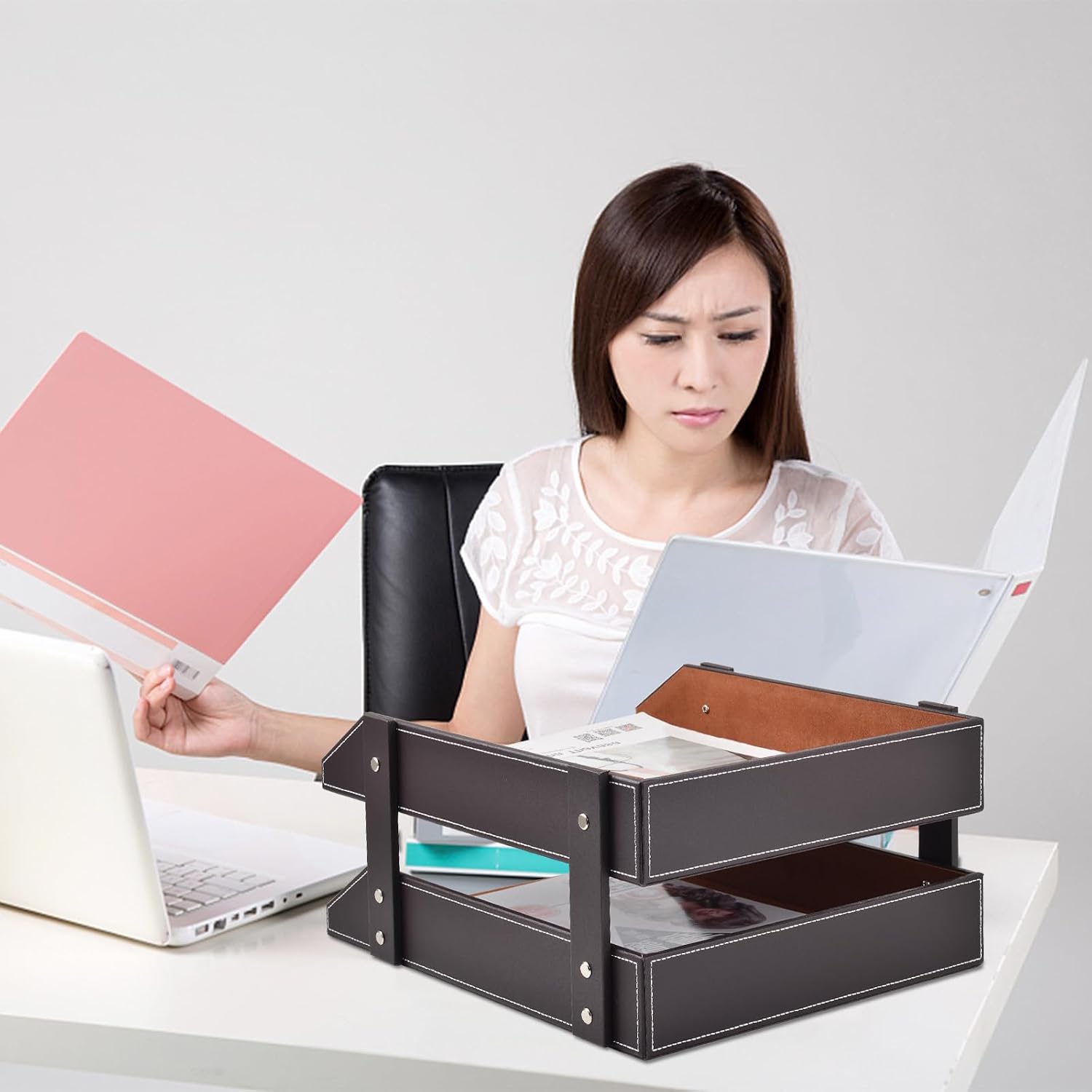 Leather Desk Organizer,2-Tier Stackable Letter Tray Holder,Office Supplies Desktop Storage Box for