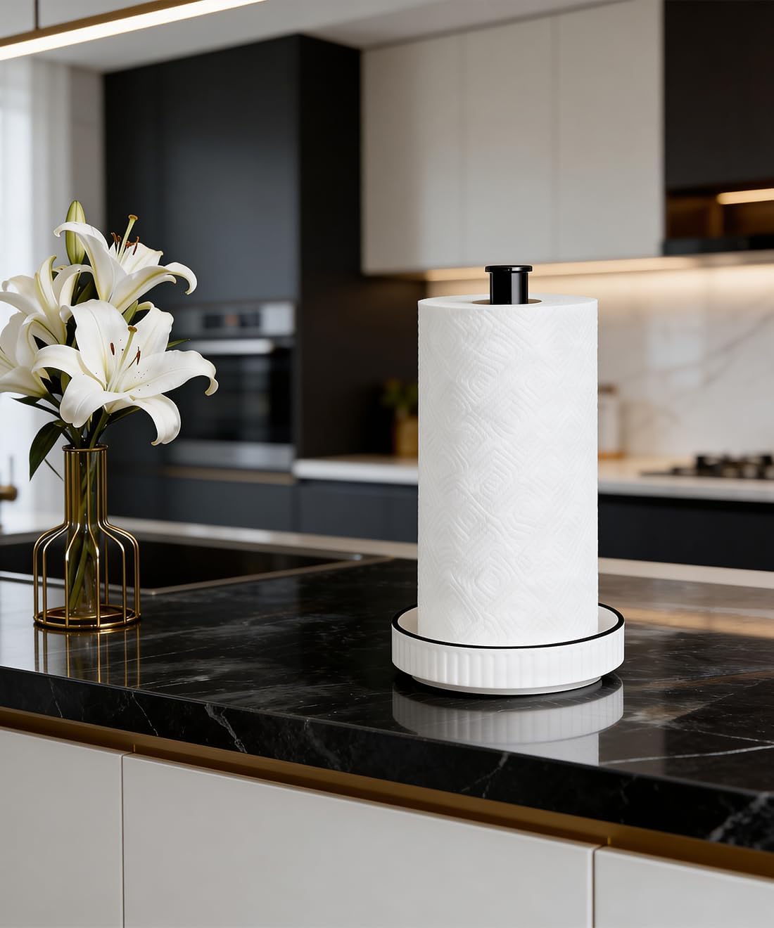 Paper Towel Holder, Ceramic Heavy Plate Base Wobble-Free, Roll Stand-Wh-bk | Effortless Cleaning and Easy to Assemble