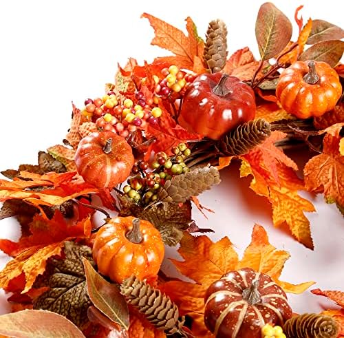 Sggvecsy Fall Wreath 20’’ Autumn Front Door Wreath with Various Pumpkin Cluster of Berries Maple Leaves Pine Cones for Outside Indoor Wall Window Festival Thanksgiving Harvest Autumn Fall Decor