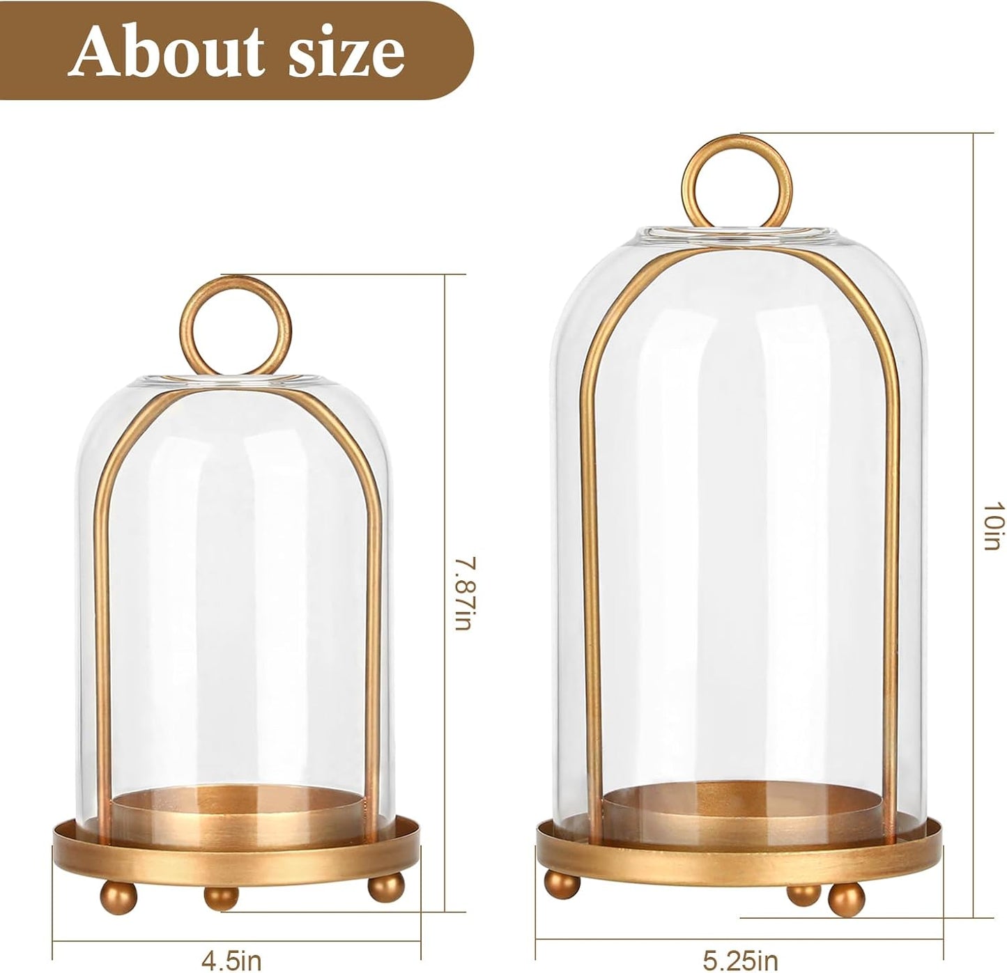 Vintage Brass Metal Candle Lantern with Thick Glass Dome Set of 2 | Shabby Chic Style Candle Holders (5.25"x10" &