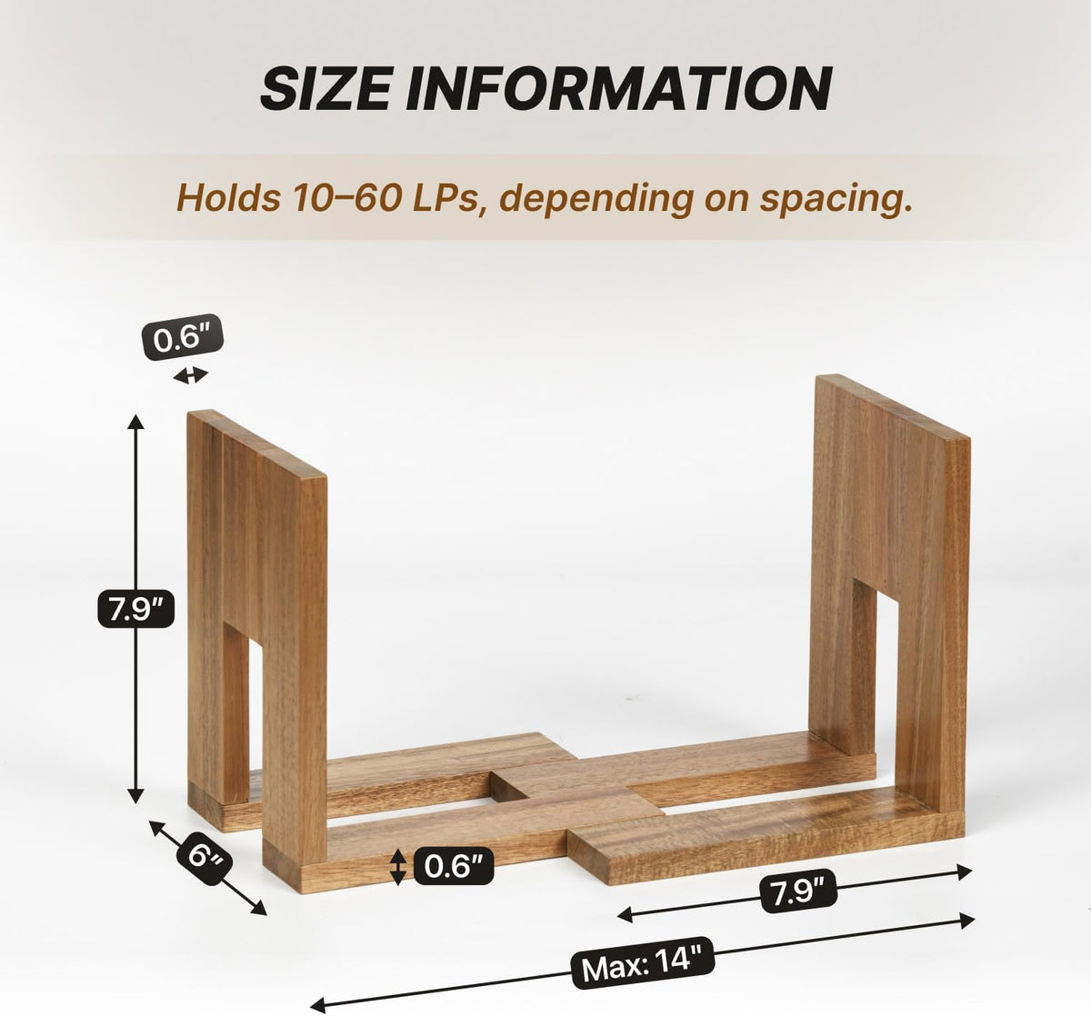 Adjustable Vinyl Record Holder to Keep Records Upright, Holds 20–60 LPs, Solid Acacia Wood Album Stand, Modern