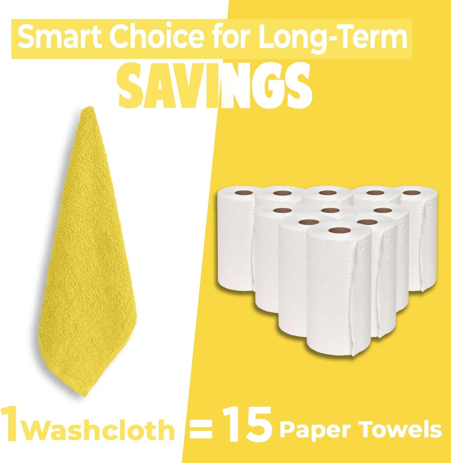 DAN RIVER 24 Pack Cotton Wash Cloths Set for Showering [12x12] Yellow | Lighter Weight, Quick to Dry, Super Soft &