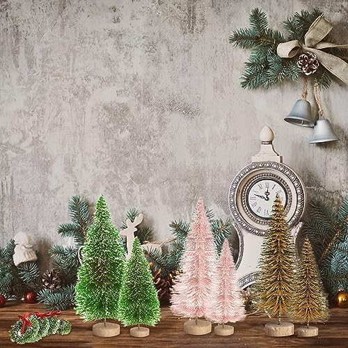 8pcs Mini Christmas Tree, Artificial Bottle Brush Trees with Wood Base, Tabletop Miniature XmasTrees with 4 Small Christmas Wreath, Fake Xmas Tree Ornament, White Christmas Tree for Christmas Décor