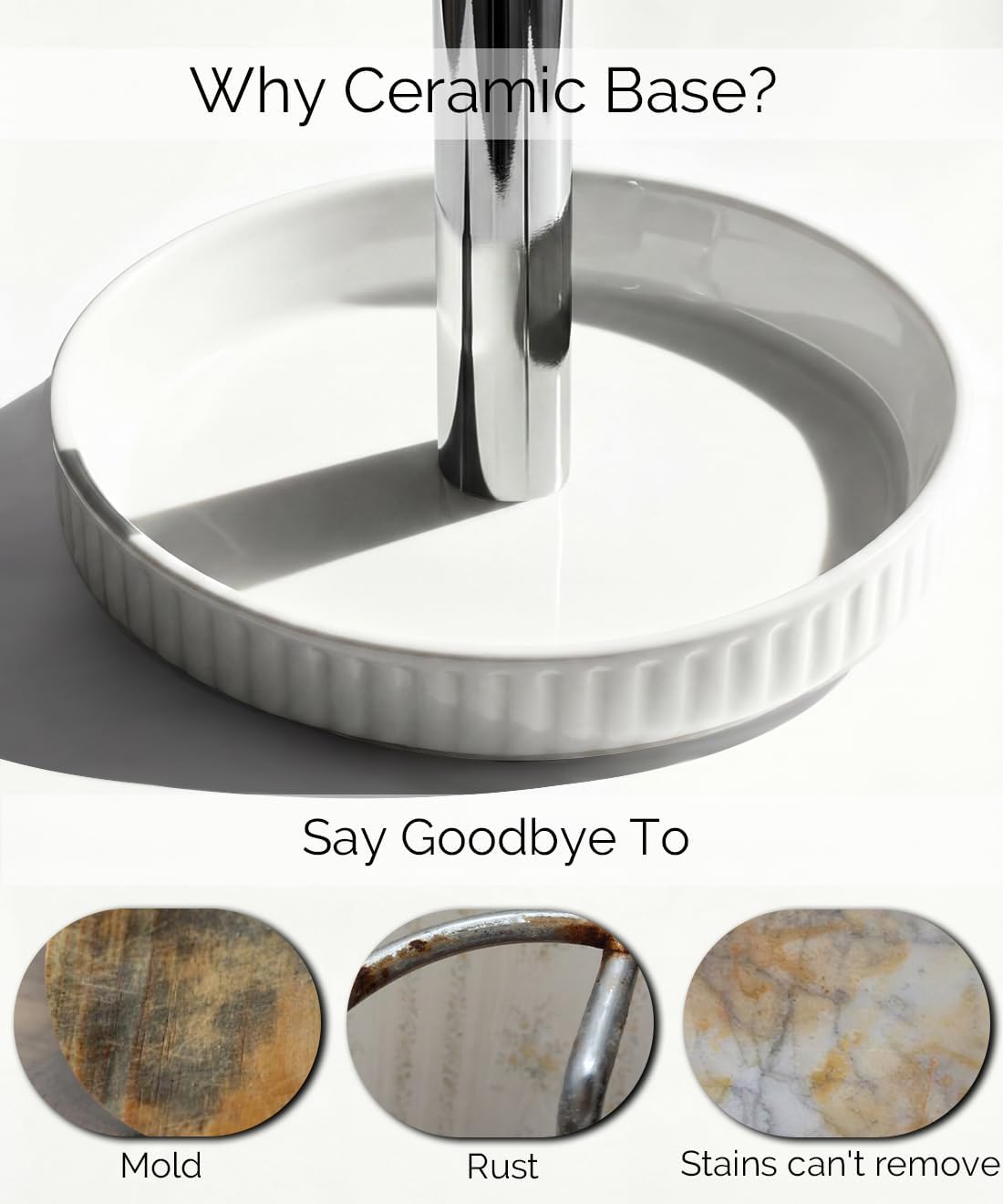 Paper Towel Holder, Ceramic Heavy Plate Base Wobble-Free, Roll Stand-Silver | Effortless Cleaning and Easy to Assemble