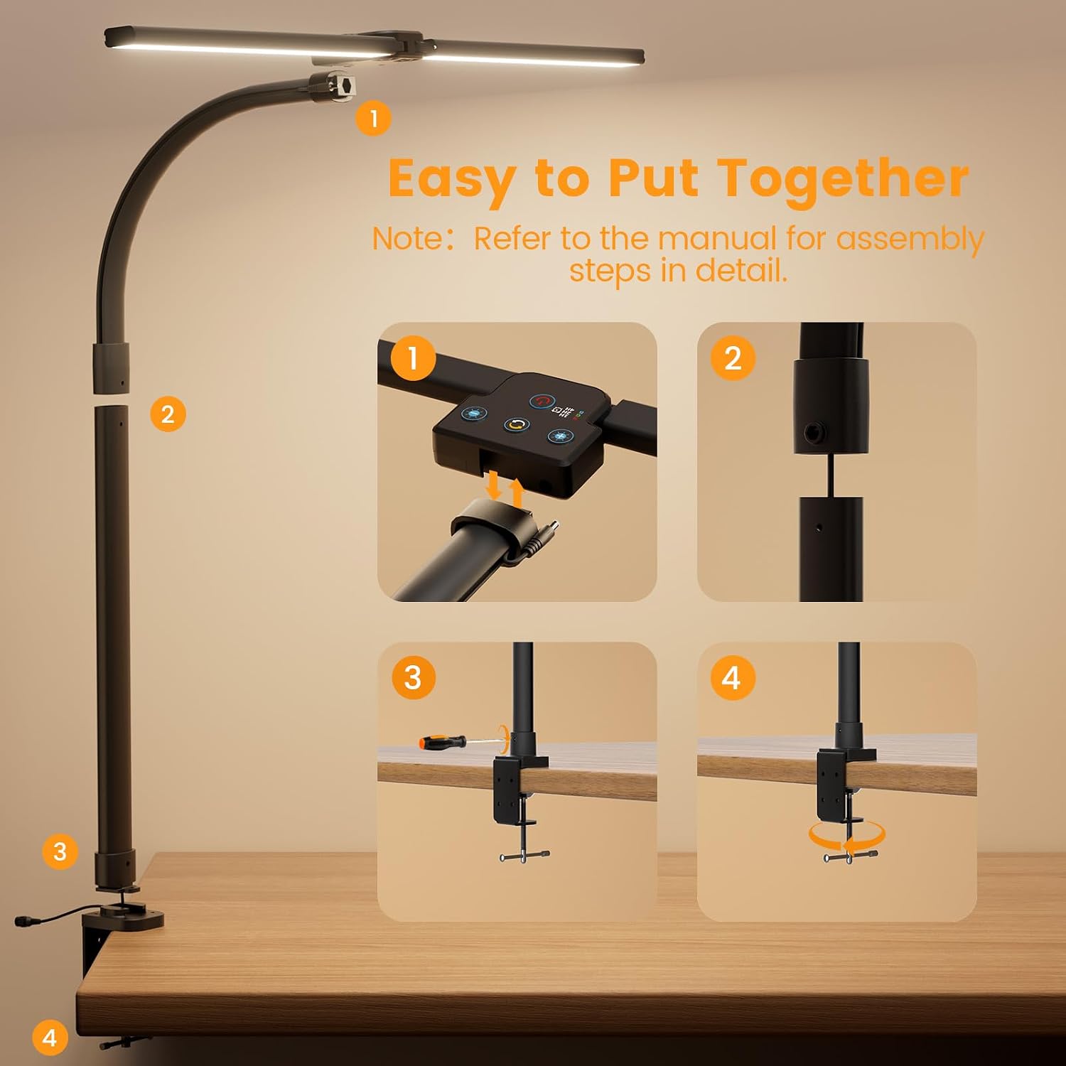 LED Desk Lamp for Home Office, 24W Computer Desk Light with Remote Control, Bright Table Lamp with Clamp Dimmable Tall