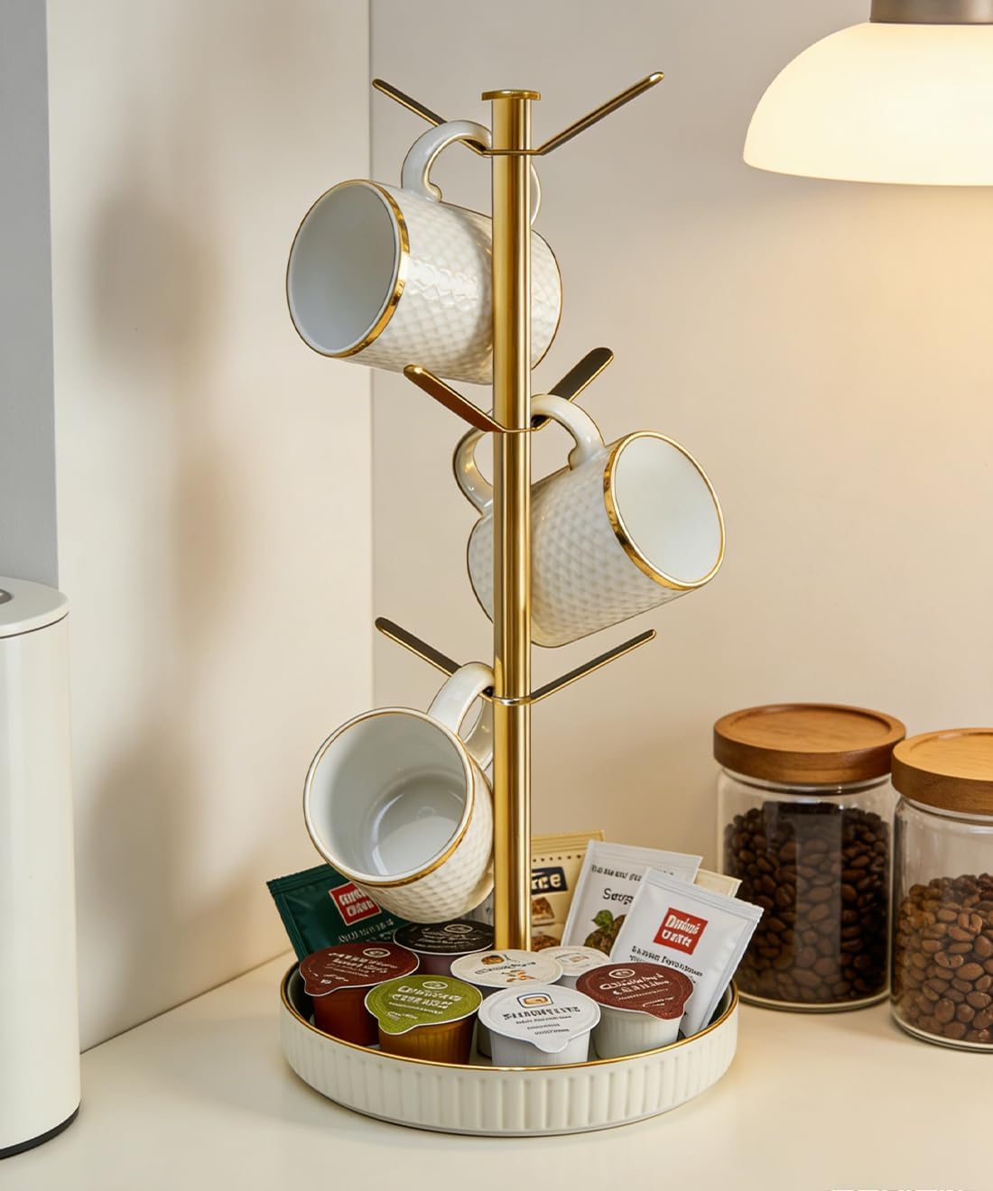 VROOMIUM Ceramic Coffee Mug Holder,Extra-Large and Stable, Fits 20oz, Gold | Effortless Cleaning, Built-in Storage for