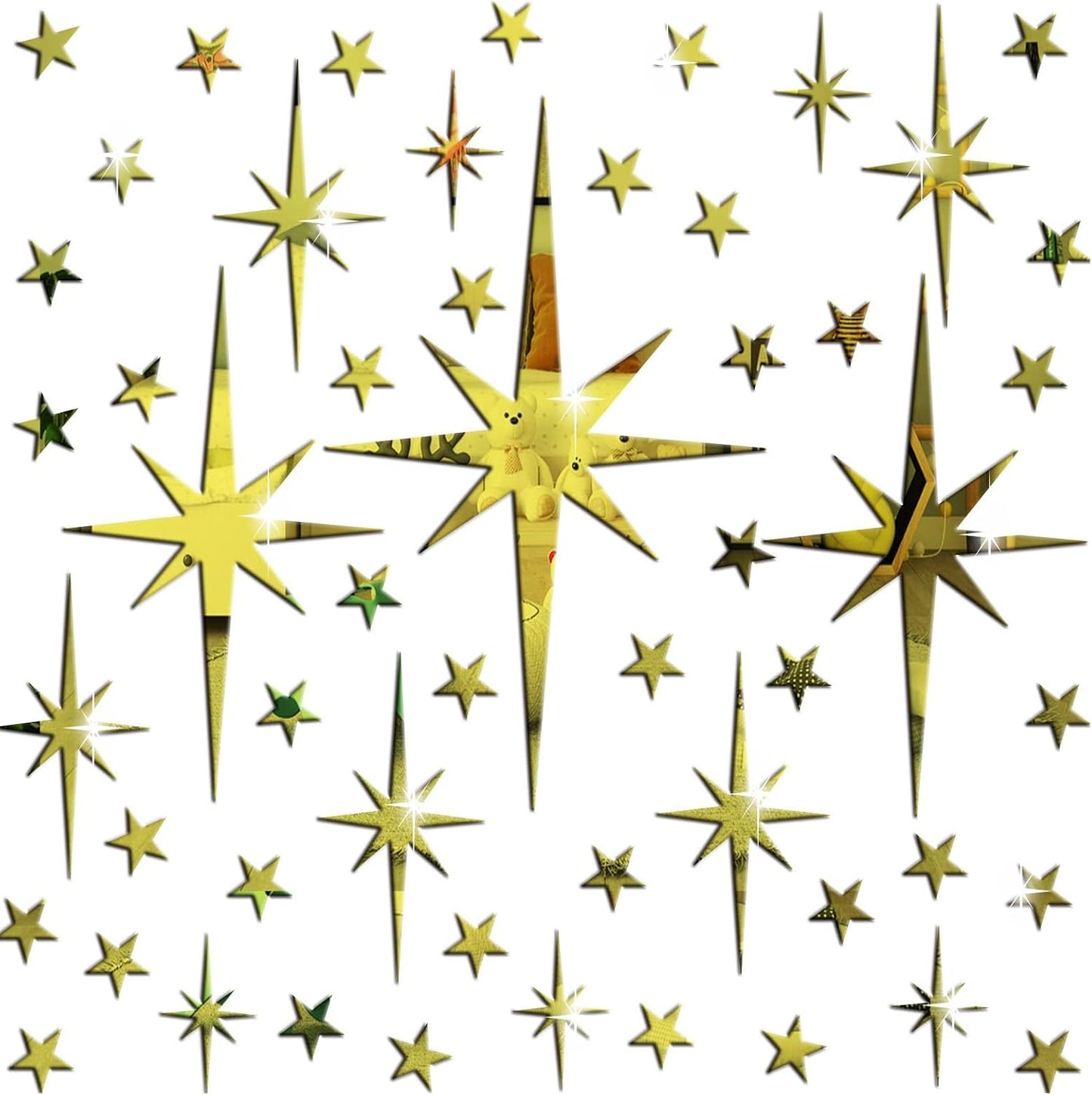 Mirror Wall Stickers Star Wall Decal Peel and Stick 3D Acrylic Decals Removable / Golden / Gold