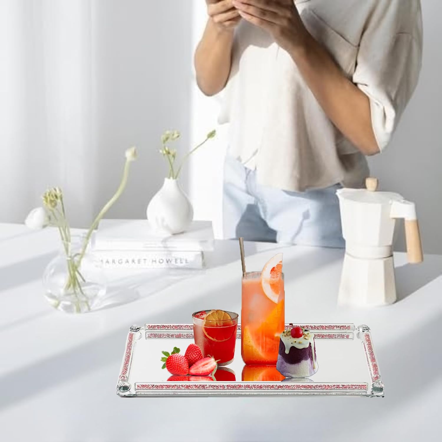 Crystal Glass Perfume Tray for Dresser Cosmetic Trinket Jewelry Vanity Trays / Rose Red B