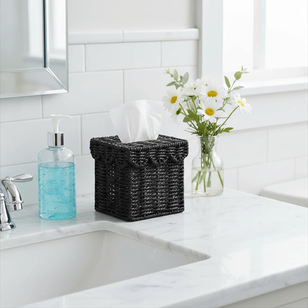 Square Wicker Tissue Box Holder Facial Tissues Boxes w/Scalloped Lid / Black