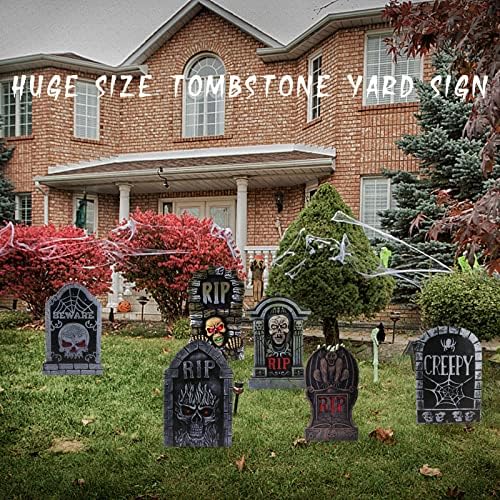 17in Tombstones Yard Sign with Stakes, 6PCS Graveyard Halloween Decorations Scary Gravestone Headstone Lawn Signs Halloween Decor Halloween Tombstones & Cemetery Decorations Waterproof(Large)