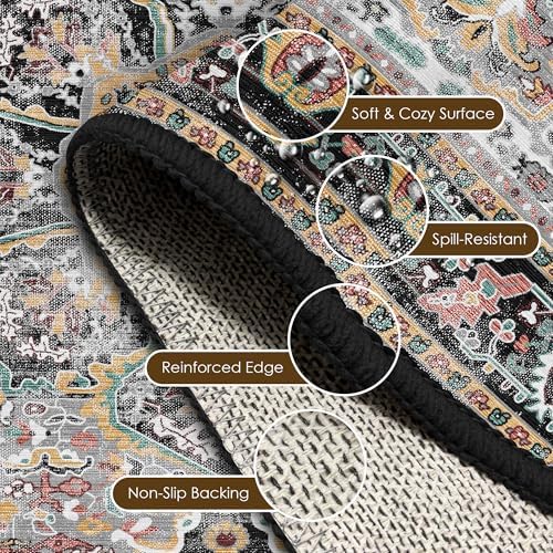 Washable Area Rug 8' x 10' Vintage Traditional Persian Mat - Foldable Distressed Non-Slip Machine Washable Carpet for