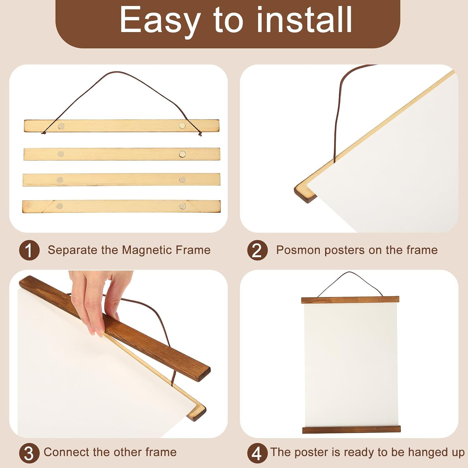 Thyle 10 Pack Magnet Poster Hanger Frame 16x24 16x22 16x20 Light Pine Wood Magnetic Rails Hanging Frame with Rope