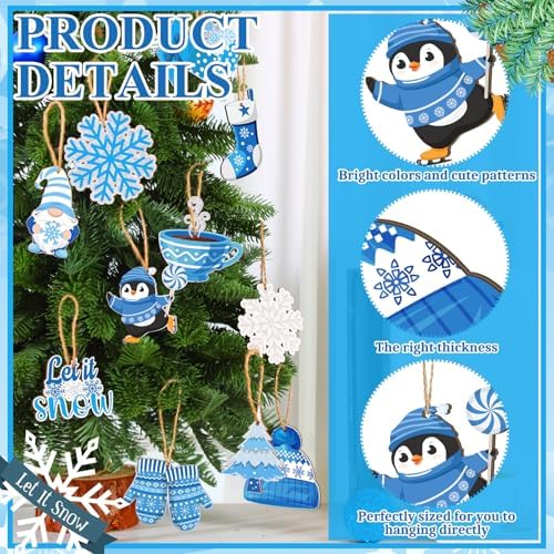Qunclay 36 Pcs Winter Ornaments for Tree Blue Christmas Snowflake Wooden Hanging Ornament Snowman Gnome Wonderland Wood Pendant Winter Decorations for Home Small Tree Party Decor