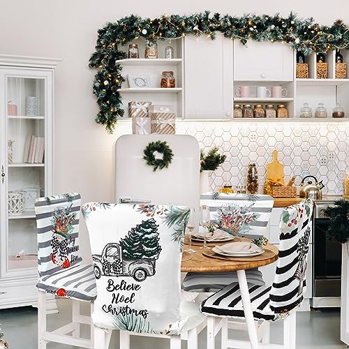 Preboun Christmas Chair Covers Set of 6 Christmas Dining Protector Xmas Tree Truck Bell Slipcovers Removable Washable for Dining Hotel Party Wedding
