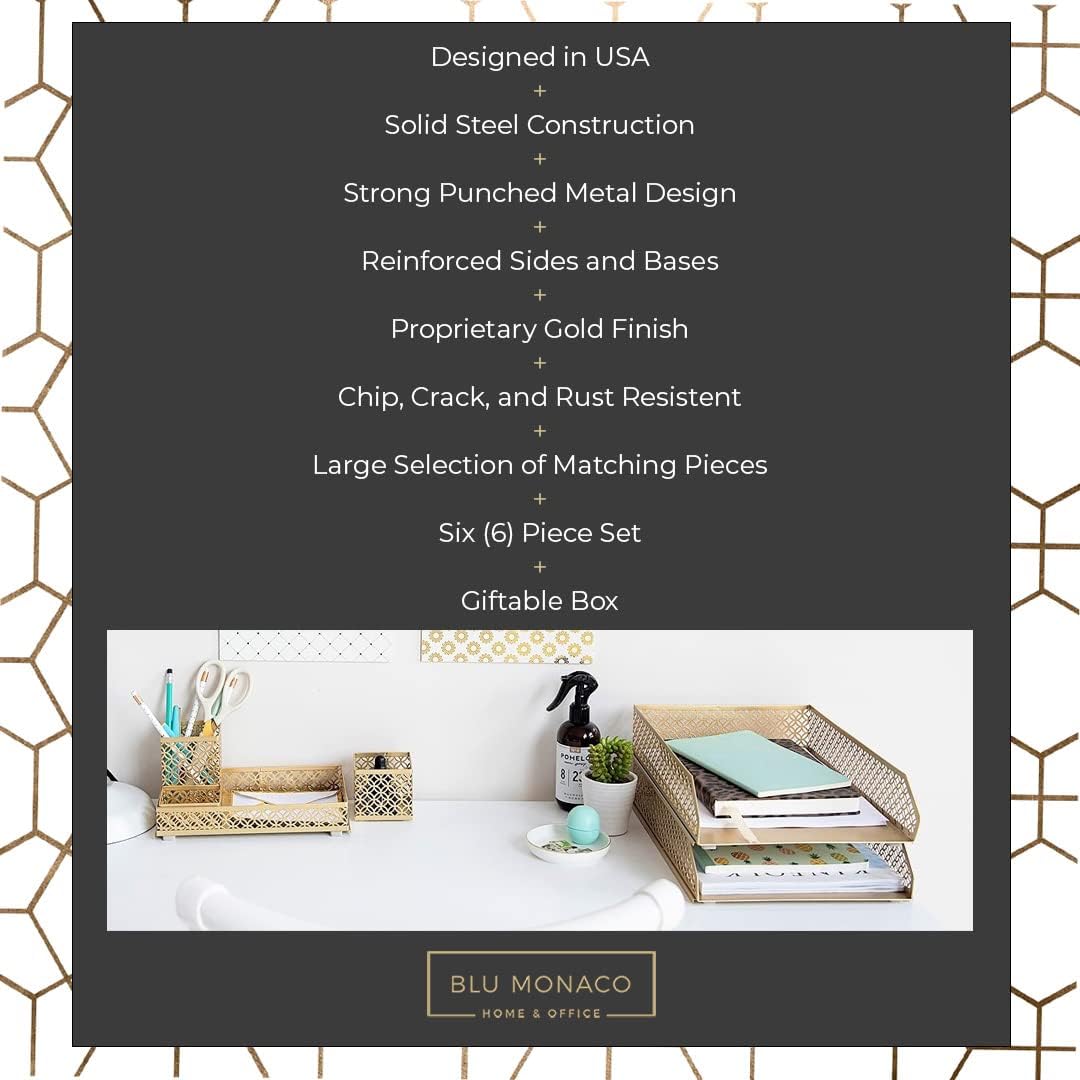 BLU MONACO | Gold Desk Organizer Set for Women 6 Piece | Mail Sorter Organizer Countertop with Letter Sorter for Desk