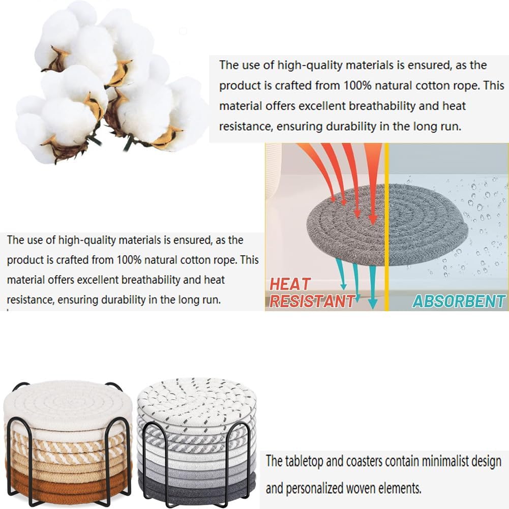 Metal Holder / Boho Woven Absorbent Coaster Set 8 Colors Heat Resistant Coasters / Set of 16