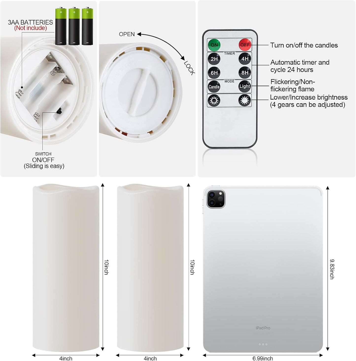 Amagic 10"x4" Large Waterproof Outdoor Flameless Candles with Remote Timer | Battery Operated Electric Fake Candle with
