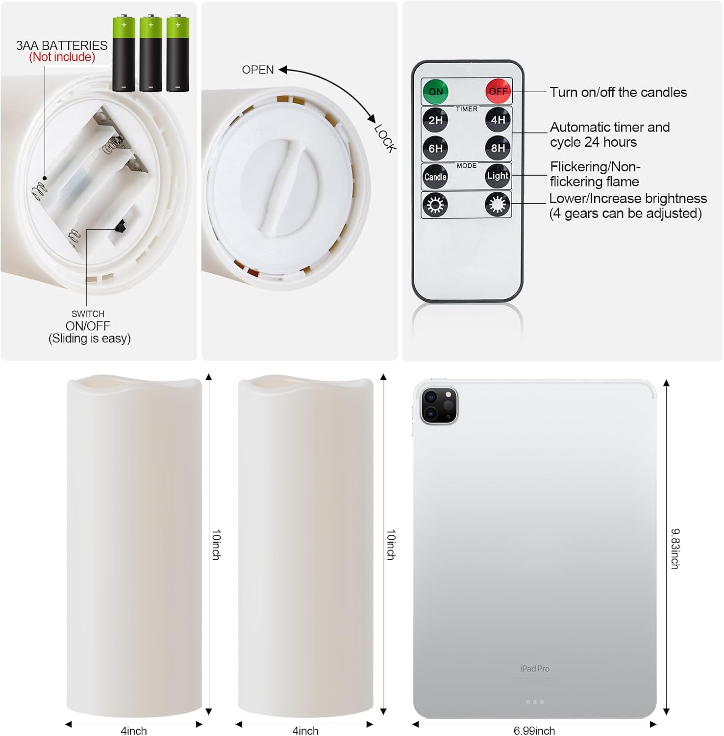 Amagic 10"x4" Large Waterproof Outdoor Flameless Candles with Remote Timer | Battery Operated Electric Fake Candle with