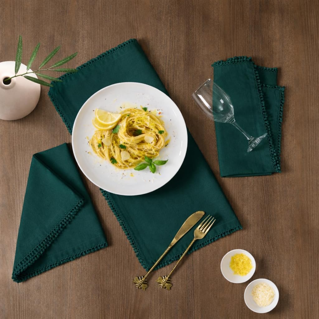 Bedding Craft Cotton Cloth Dinner Napkins Set of 12 – 18x18 Magical Forest with Decorative Lace Selvedge – Elegant