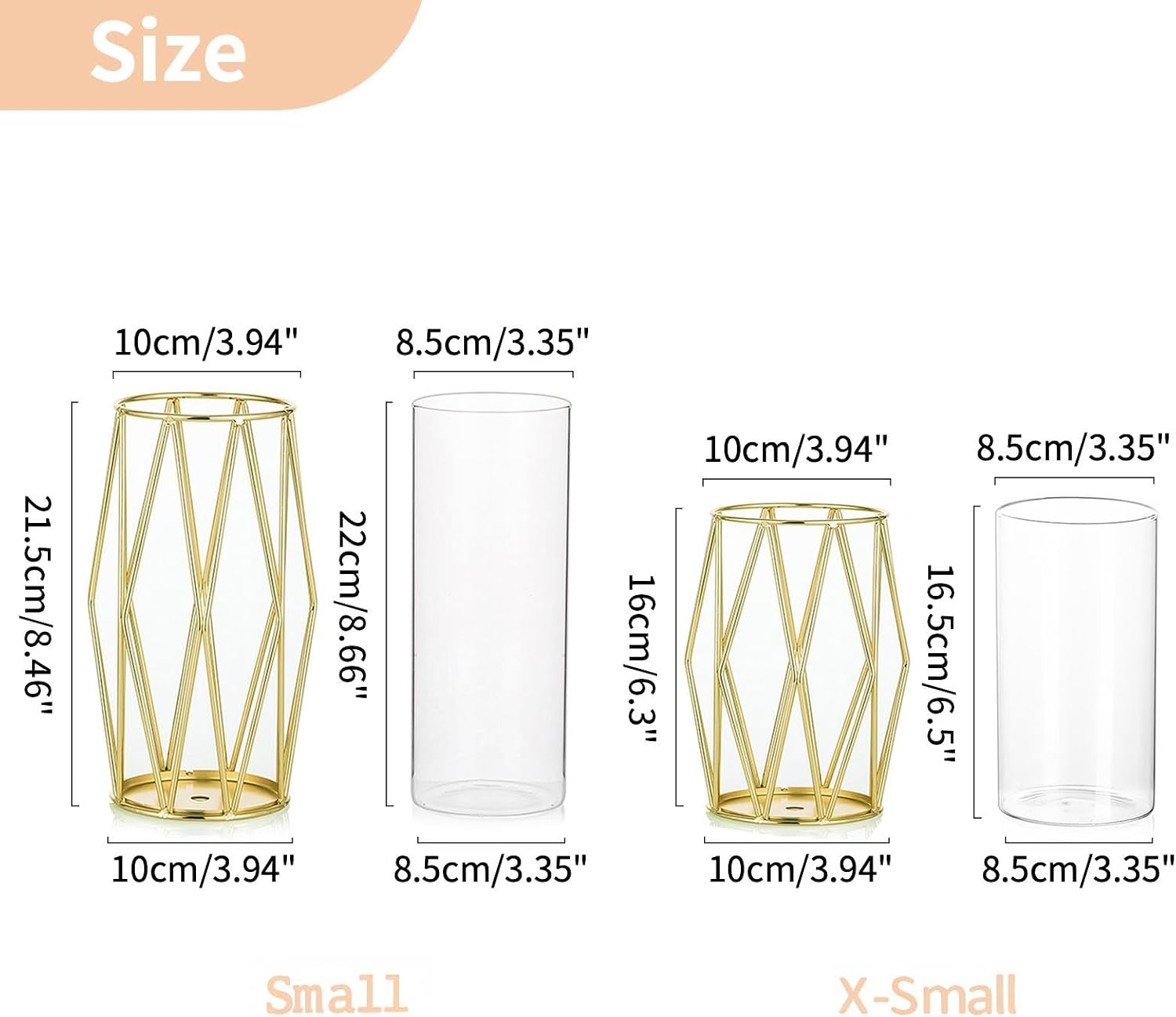 NUPTIO Gold Geometric Hurricane Glass Candle Holders, Set of 2 | 2 Graduated Diamond Frames, Clear Cylinder Vases, for